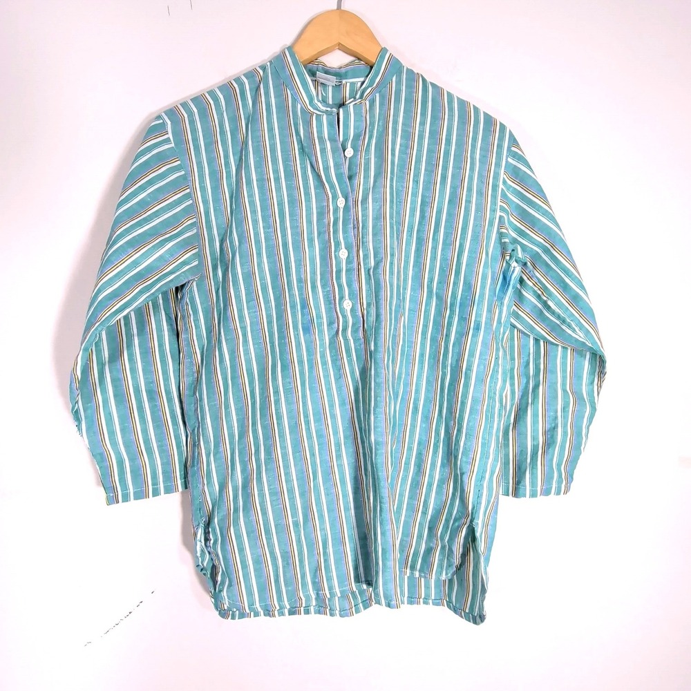Pierre Cardin Teal Striped Henley; Cotton Ramie Blend, Band Collar, Vintage